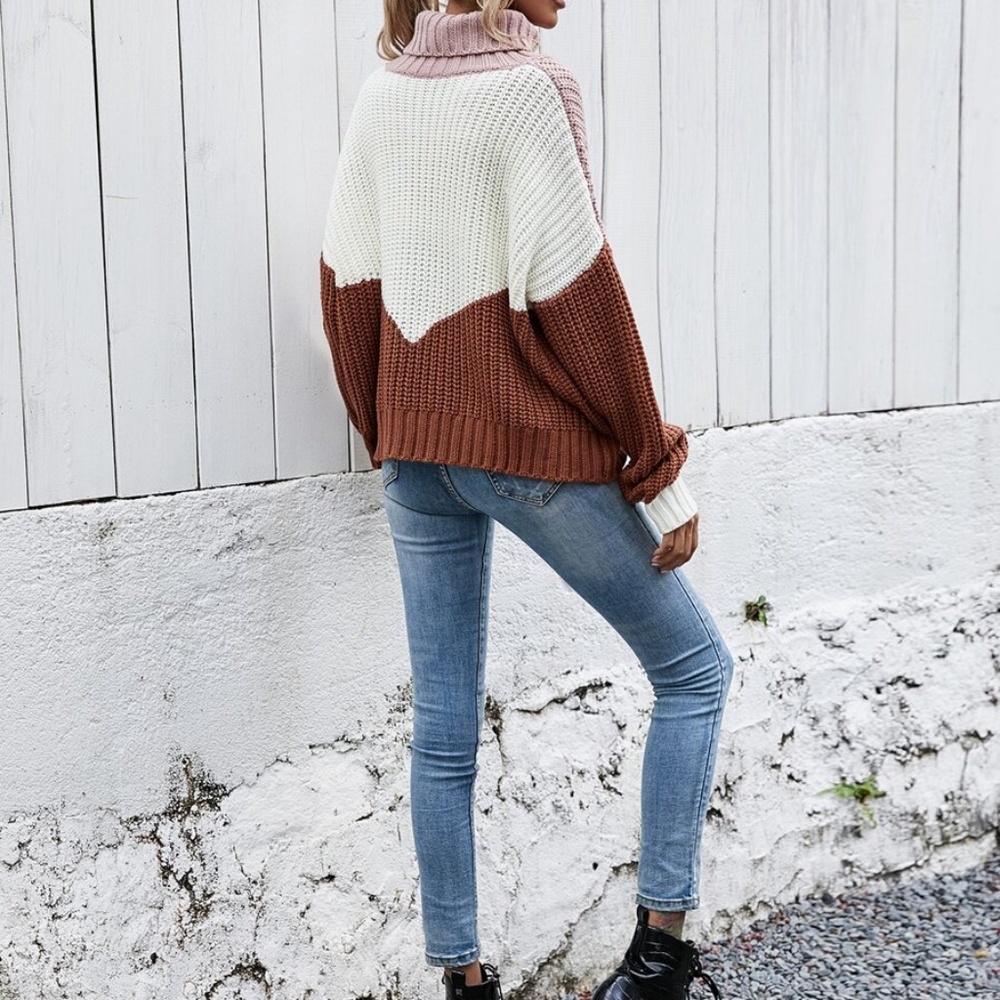 pink color block turtleneck knit sweater oversized - Picture 4 of 5